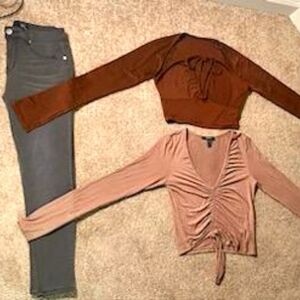 2 Forever 21 brown going out long sleeve tops and 1821 denim mid rise grey jeans